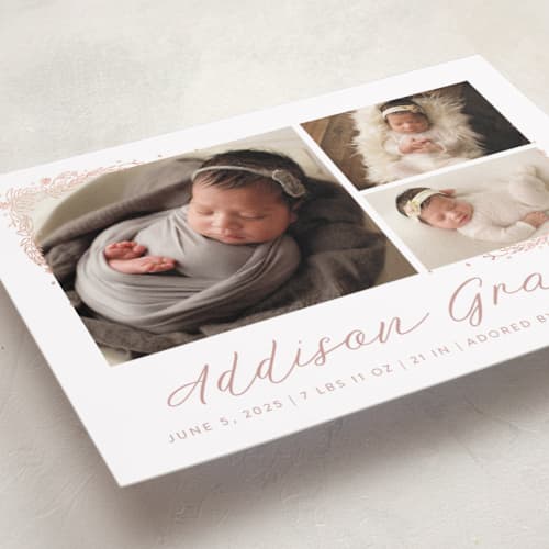 This is a burnt rose foil stamped birth announcements with foil pressed by Amy Payne called delicate collage printing on recycled smooth signature in standard