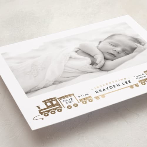 This is a chalk foil stamped birth announcements with foil pressed by Rebecca Durflinger called welcome aboard! printing on recycled smooth signature in standard