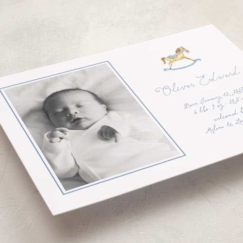 This is a powder birth announcements with standard by Pati Cascino called ternure printing on recycled smooth signature in standard