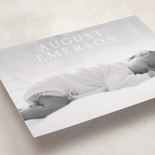 This is a cotton birth announcements with standard by Olivia Raufman called bold intro printing on recycled smooth signature in standard