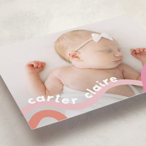This is a peach sherbet birth announcements with standard by Lauren Chism called wiggle worm printing on recycled smooth signature in standard