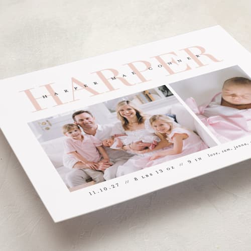 This is a blush birth announcements with standard by Lauren Chism called love-ly printing on recycled smooth signature in standard
