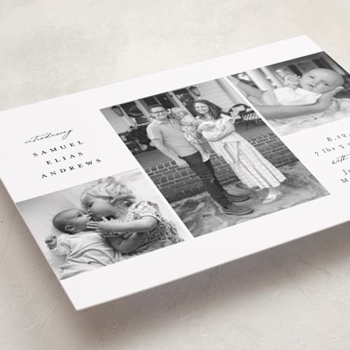 This is a noir birth announcements with standard by Emily Betts called three printing on recycled smooth signature in standard