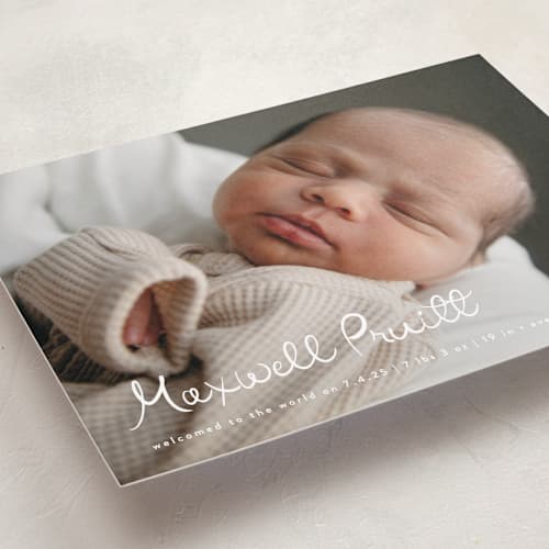 This is a snow birth announcements with standard by Lauren Chism called written whimsy printing on recycled smooth signature in standard