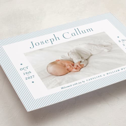 This is a baby blue birth announcements with standard by Alston Foster called sweet stripes printing on recycled smooth signature in standard