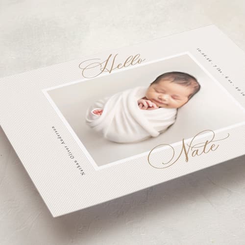 This is a sand birth announcements with standard by Gwen Bedat called sweet stripes printing on recycled smooth signature in standard