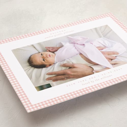 This is a blush birth announcements with standard by Claudia Orengo called preppy fabric printing on recycled smooth signature in standard