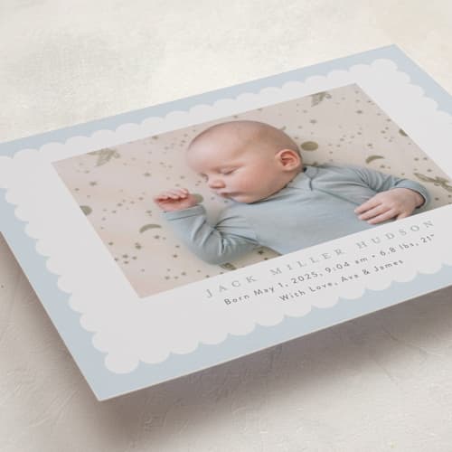 This is a sky birth announcements with standard by Nicoletta Savod called charmed printing on recycled smooth signature in standard