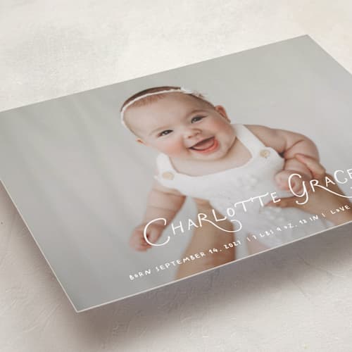 This is a marshmallow birth announcements with standard by Benita Crandall called handdrawn style printing on recycled smooth signature in standard