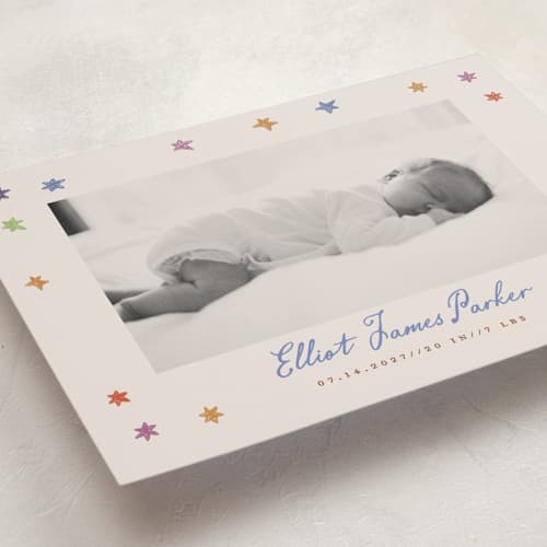 This is a rainbow birth announcements with standard by Maja Cunningham called starlight printing on recycled smooth signature in standard