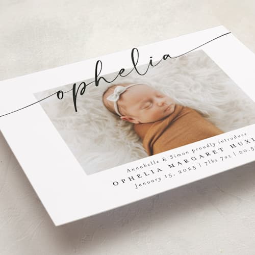 This is a coal birth announcements with standard by Meggy Masters called signature name printing on recycled smooth signature in standard