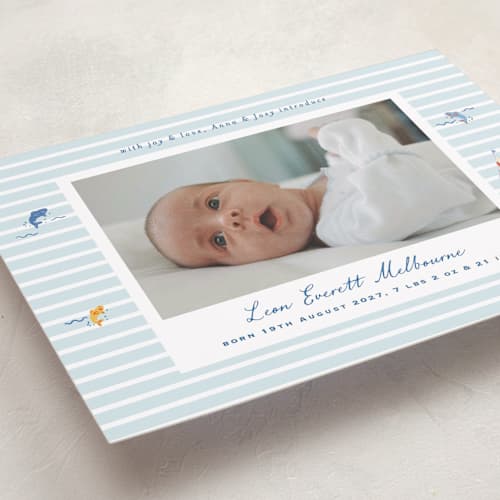 This is a maritime birth announcements with standard by Corinne Malesic called little sail boat printing on recycled smooth signature in standard