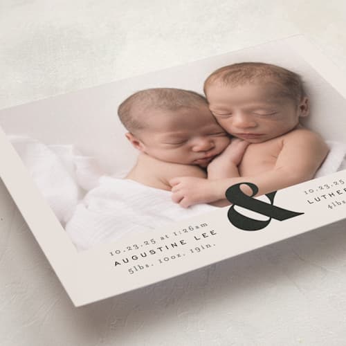 This is a ivory birth announcements with standard by Alethea and Ruth called ampersand duo printing on recycled smooth signature in standard