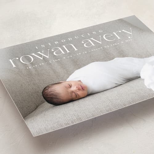 This is a cotton birth announcements with standard by Olivia Raufman called exemplary printing on recycled smooth signature in standard