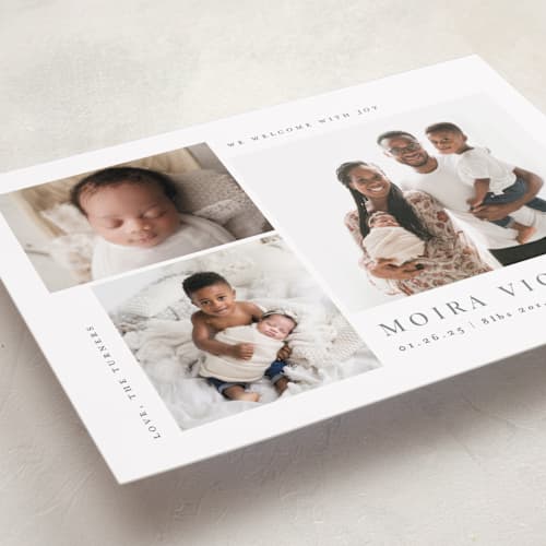 This is a stone birth announcements with standard by Carolyn MacLaren called welcome with joy printing on recycled smooth signature in standard