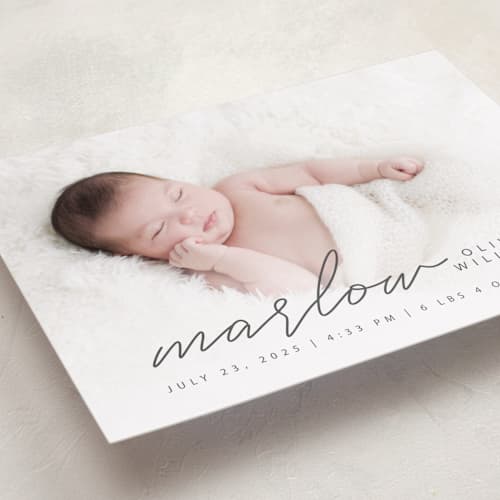 This is a graphite birth announcements with standard by Megan Cash called marlow printing on recycled smooth signature in standard