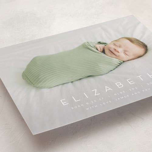 This is a sugar birth announcements with standard by Juneau Designs called sweet love printing on recycled smooth signature in standard