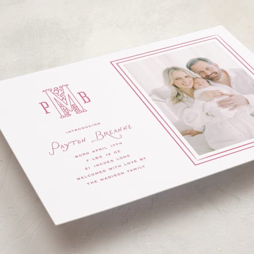 This is a candy birth announcements with standard by Kamala Nahas called filigree monogram printing on recycled smooth signature in standard