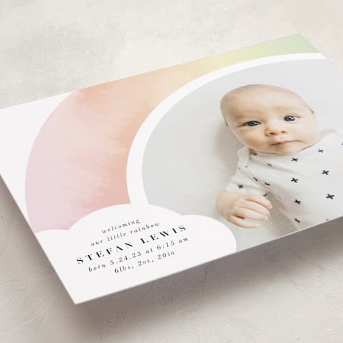 This is a rainbow birth announcements with standard by Lori Wemple called pretty rainbow printing on recycled smooth signature in standard