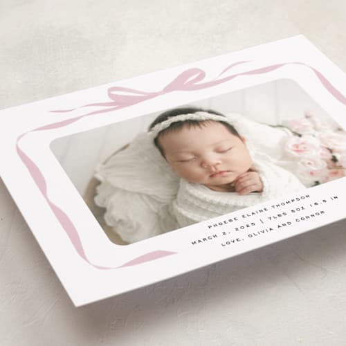 This is a poppy birth announcements with standard by Olivia Kanaley Inman called bow printing on recycled smooth signature in standard