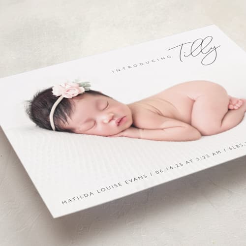 This is a raven birth announcements with standard by Olivia Raufman called nickname intro printing on recycled smooth signature in standard