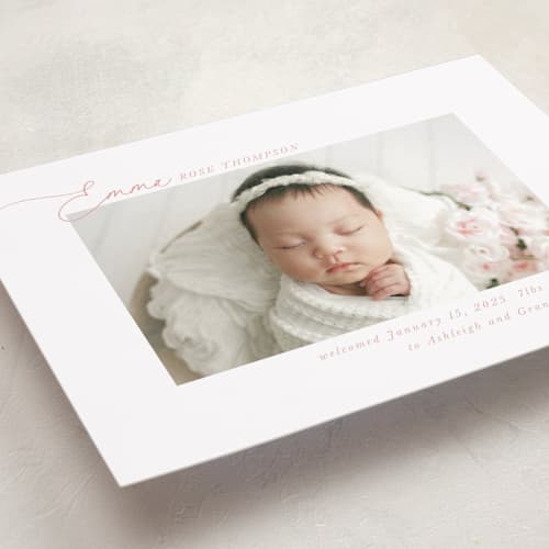 This is a rose birth announcements with standard by Jenna Holcomb called sweetest printing on recycled smooth signature in standard