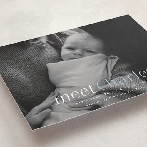 This is a sky blue birth announcements with standard by Hooray Creative called meet charley printing on recycled smooth signature in standard