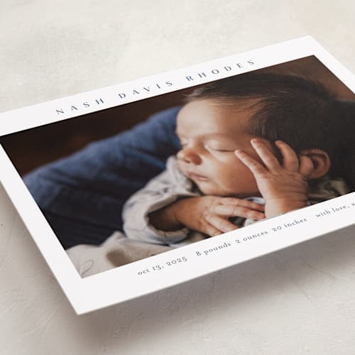 This is a cobalt birth announcements with standard by Stacey Meacham called simple name printing on recycled smooth signature in standard