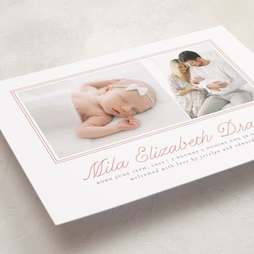 This is a melon birth announcements with standard by Laura Hankins called byline printing on recycled smooth signature in standard