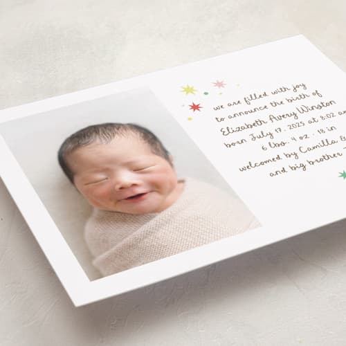 This is a strawberry birth announcements with standard by Megan Davis called constellation printing on recycled smooth signature in standard
