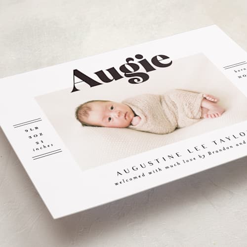 This is a ash birth announcements with standard by Alethea and Ruth called bold name frame printing on recycled smooth signature in standard