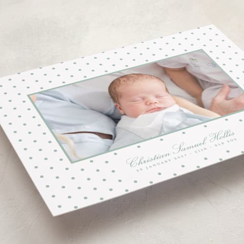 This is a eucalyptus birth announcements with standard by Blustery August called elio printing on recycled smooth signature in standard