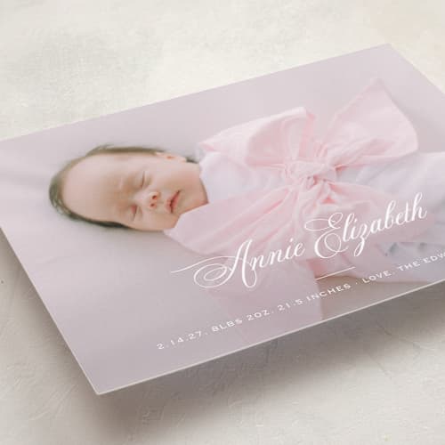 This is a powder birth announcements with standard by Carolyn MacLaren called formal classic printing on recycled smooth signature in standard