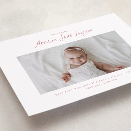 This is a petal birth announcements with standard by Kelly Watkins called nostalgic printing on recycled smooth signature in standard
