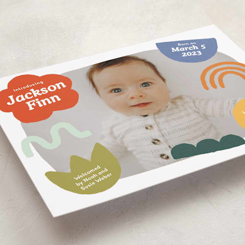 This is a fruitcake birth announcements with standard by Kercia Jane called colorful shapes printing on recycled smooth signature in standard