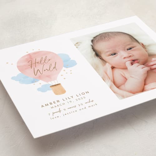 This is a blush birth announcements with standard by Kanika Mathur called baby world printing on recycled smooth signature in standard