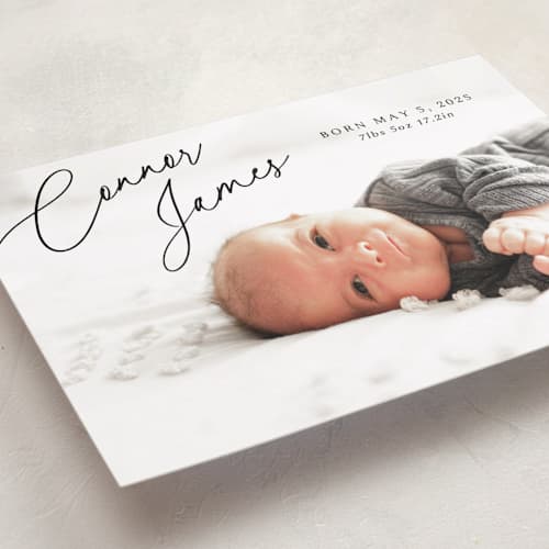 This is a obsidian birth announcements with standard by Kaydi Bishop called on the horizon printing on recycled smooth signature in standard