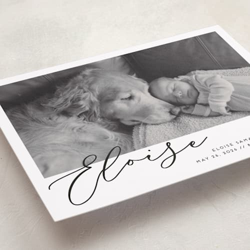 This is a onyx birth announcements with standard by Genna Blackburn called first-name basis printing on recycled smooth signature in standard
