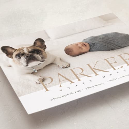 This is a toffee birth announcements with standard by Eric Clegg called modern classic printing on recycled smooth signature in standard