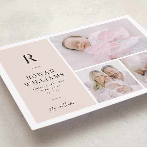 This is a blush birth announcements with standard by Robert and Stella called monogram block printing on recycled smooth signature in standard