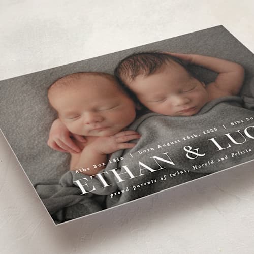 This is a baby powder birth announcements with standard by Hooray Creative called double take printing on recycled smooth signature in standard