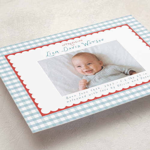 This is a picnic birth announcements with standard by Christy Hy Lee called playful pattern printing on recycled smooth signature in standard