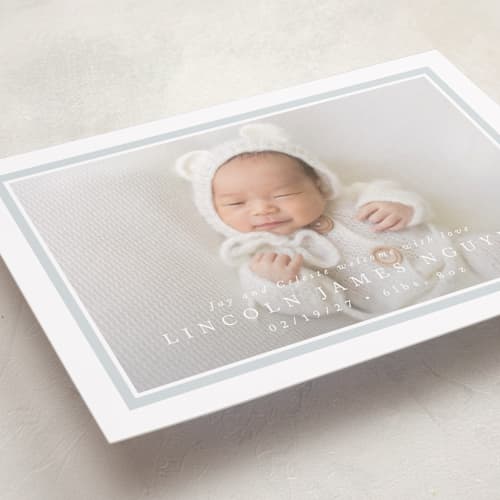 This is a soft sky birth announcements with standard by Olivia Raufman called tailored frame printing on recycled smooth signature in standard