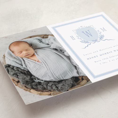 This is a sky birth announcements with standard by Corinne Malesic called crest printing on recycled smooth signature in standard