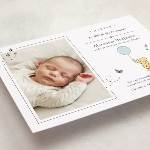 This is a cloud birth announcements with standard by Heather Schertzer called disney sweetest adventure printing on recycled smooth signature in standard