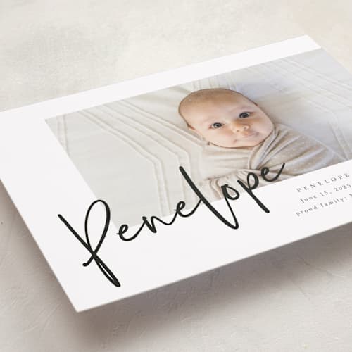 This is a blackboard birth announcements with standard by Amy Payne called clean lines printing on recycled smooth signature in standard