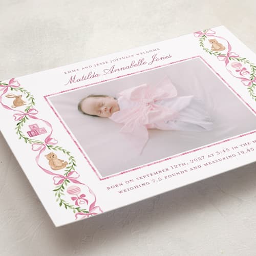 This is a ballet birth announcements with standard by Sarah Knight called bow printing on recycled smooth signature in standard