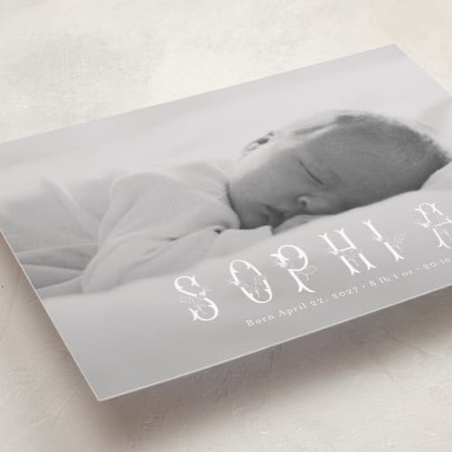 This is a clouds birth announcements with standard by Lori Wemple called sophia printing on recycled smooth signature in standard