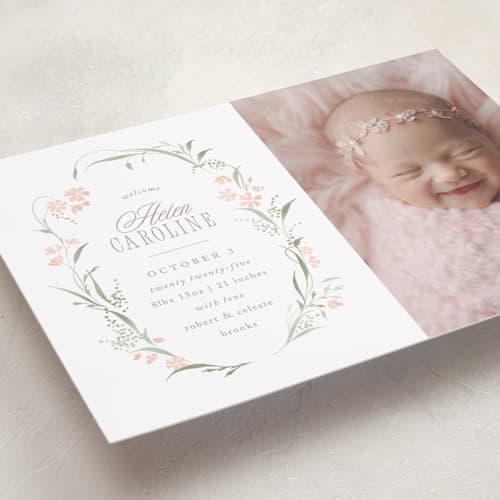 This is a sweet pea birth announcements with standard by Erin L. Wilson called dottie printing on recycled smooth signature in standard