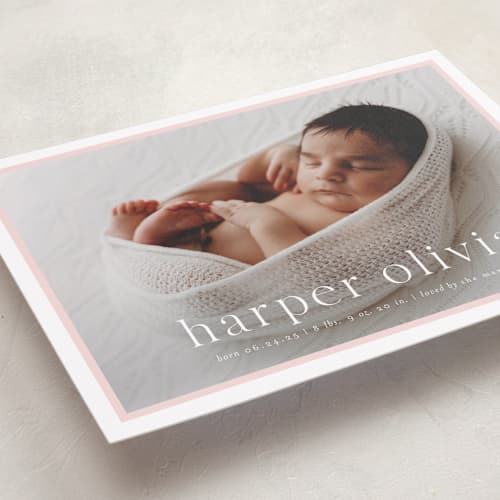 This is a rose birth announcements with standard by Alexandra Cohn called portraiture printing on recycled smooth signature in standard